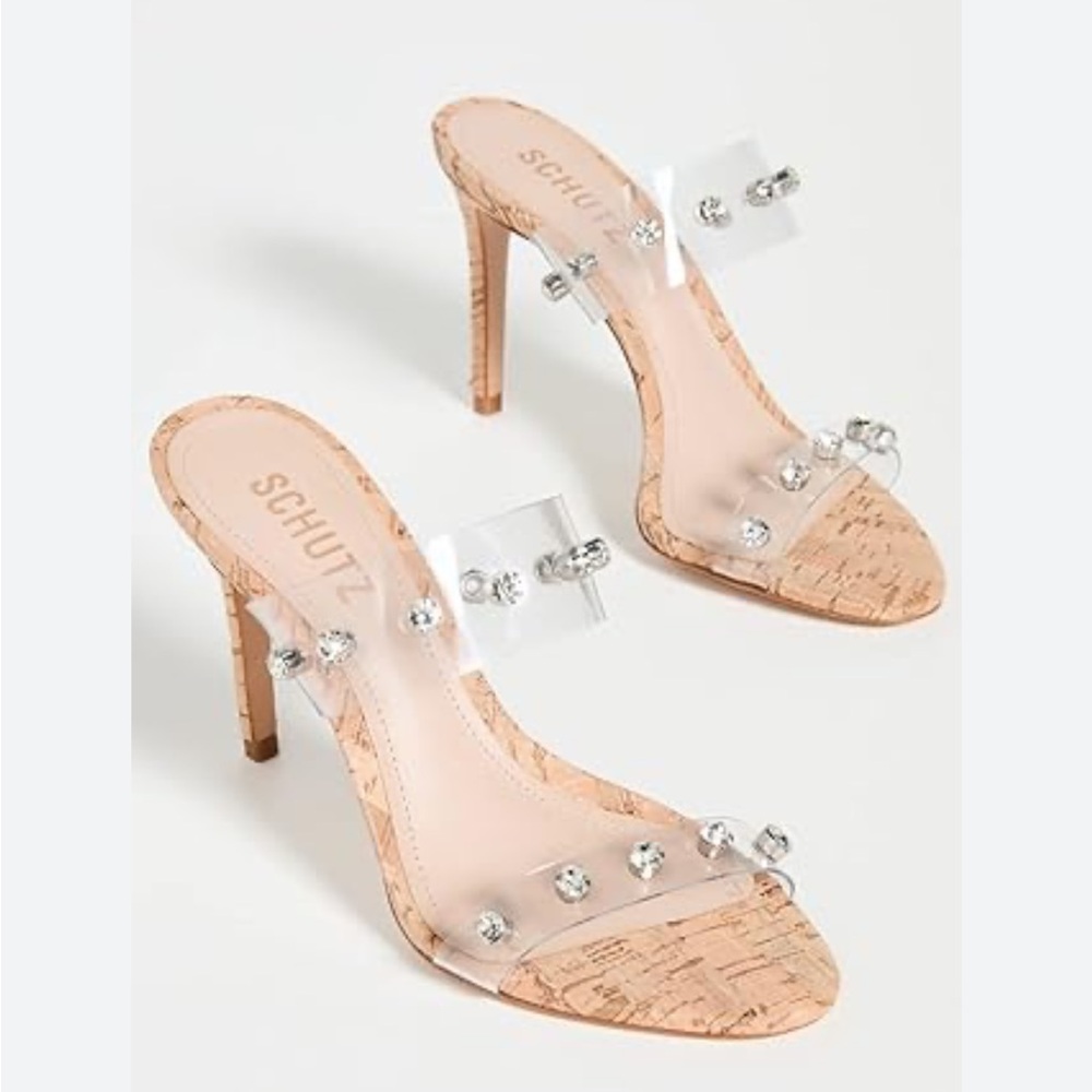 SCHUTZ Ariella Cork PVC Studded Slip On Embellished High Heel Sandals
